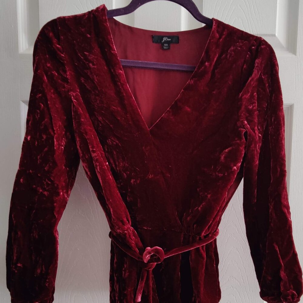 00 J Crew Faux Wrap Blouse Burgundy Crushed Velvet Lined